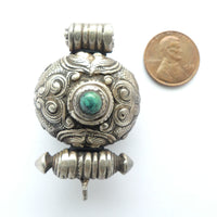 Gau, Antique Himalayan Amulet Case with Turquoise, 30mm wide x 50mm tall