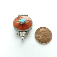 Gau, Mini Tibetan Amulet Case, Silver with Coral and Turquoise, 21x33mm