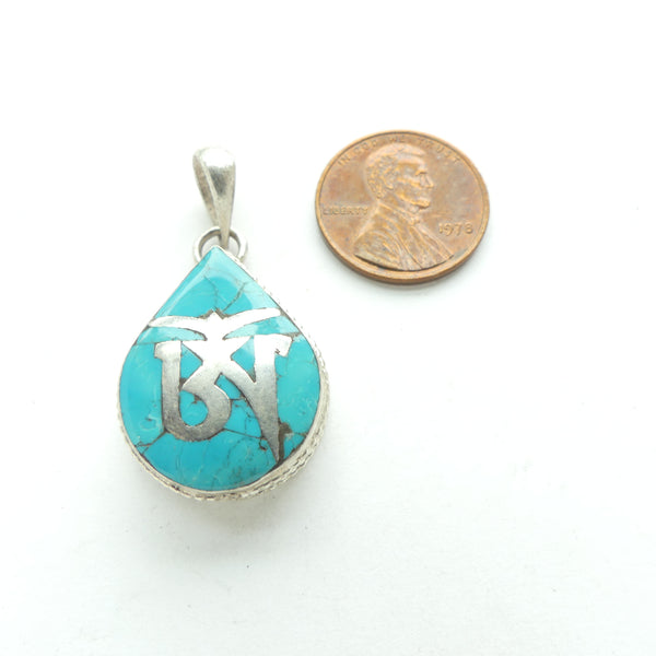 Sterling Silver and Turquoise Teardrop Pendant with Tibetan Om, 35mm with Bail