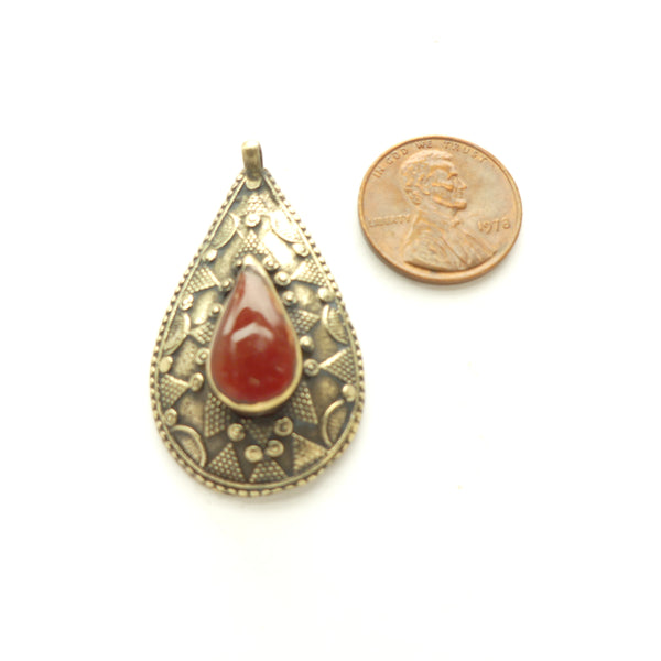 Turkoman Style, Brass Teardrop Shape Pendants with Lapis Cabochon, 20x40mm, Sold Individually