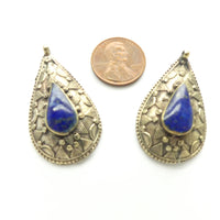 Turkoman Style Teardrop Shape Pendant with Lapis, 20x40mm, Sold Individually