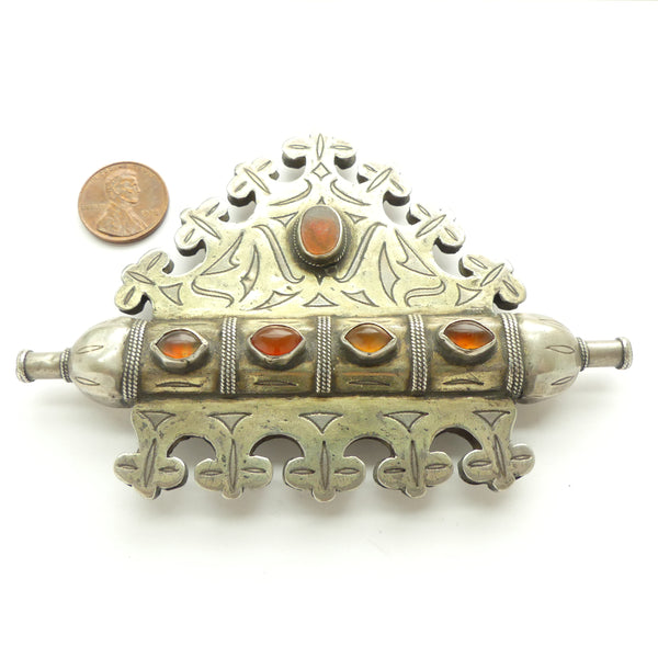 Turkoman, Antique Amulet Case, Silver with Fire-gilding and Carnelians, 4.5 x 3.25 inches