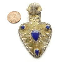 Tukoman, Heart-Shape Pendant with Bead and 4 Lapis Cabochons, 1.75x2.75 inches