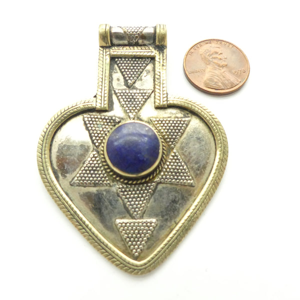 Turkoman Heart Shape Pendant with Lapis Cab and Star Granulation, 2 x 2.5 inche