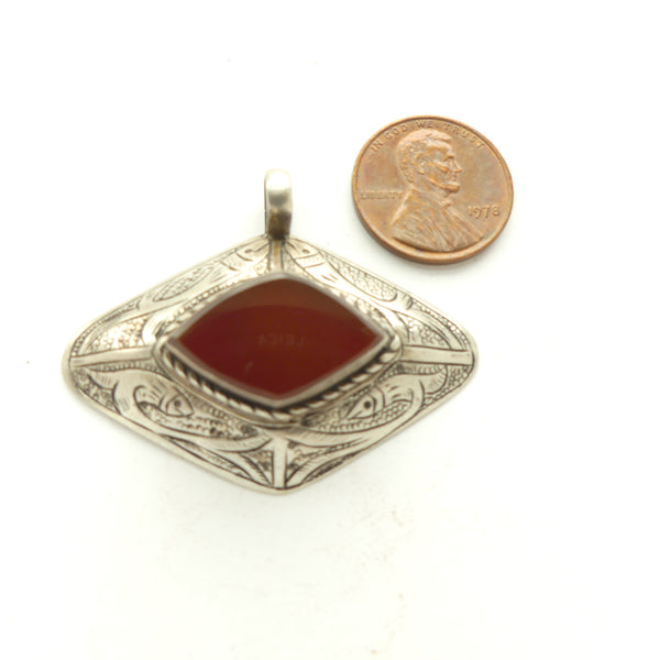 Turkoman Inspired Silver Pendant with Carnelian and Engraved Fish, 45x35mm