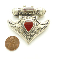 Turkoman Inspired Afghan Pendant with Carnelian Cabochons, 2.5 x 2.25 inches