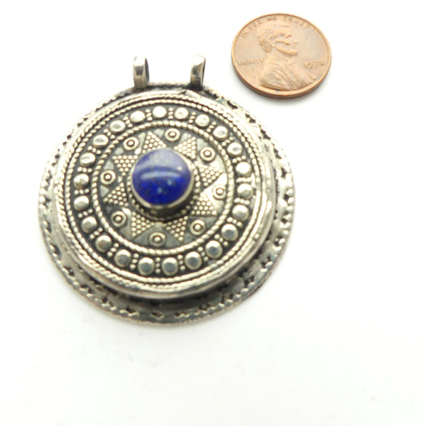 Turkoman Inspired, Afghan Round Pendant with Lapis Stone, 1.75 inches Diameter