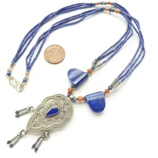 Turkoman Pendant in Afghan Necklace with Lapis, Coral & Serpentine, Pendant 25x60mm