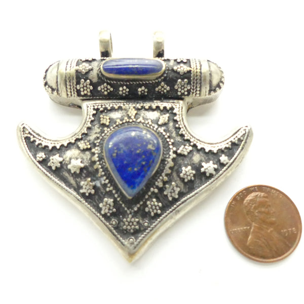 Turkoman Insipired Afghan Pendant with Lapis Cabochons, 2.5 x 2.25 inches