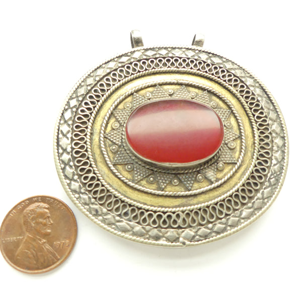 Turkoman Inspired Large Vintage Oval Pendant with Red Cabochon, 2.5 x 2.25 inches