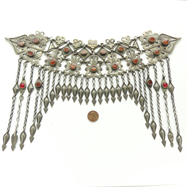 Tukoman, Antique Diadem or Headdress, Silver with Carnelians, 13 inches wide by 8 inches