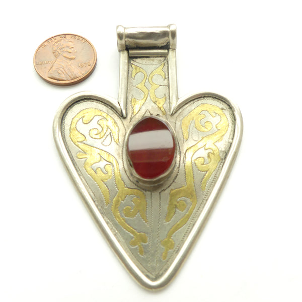 Turkoman Vintage Heart-Shaped Pendant with Carnelian, 2x3 inces