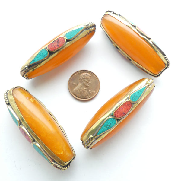 Nepalese Amber, Long Ovals with Brass and Turquoise & Coral Inlay, 50x17mm, Sold Individually