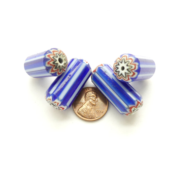 Chevrons, Vintage India, Blue, White & Red, 28mm long by 13-15mm Diameter, Sold Individually