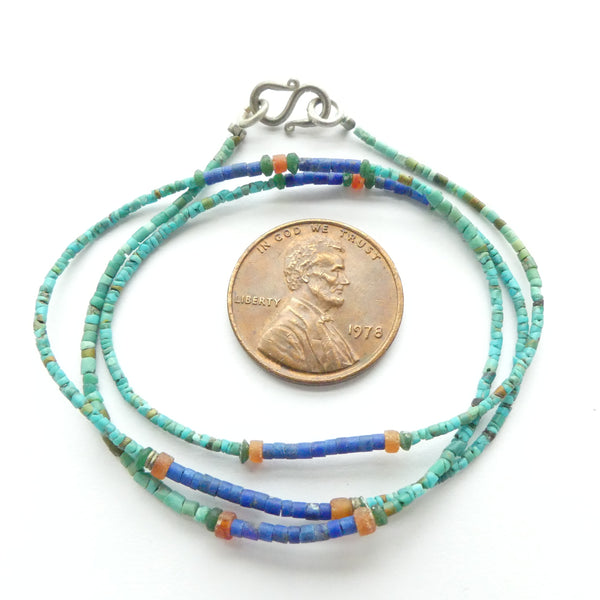 Turquoise, Afghan with Lapis & Carnelian Micro Beads, 16-inch Strands