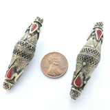 Turkoman Elongated Bicones with Red Resin Inlay, 50x15mm, Sold Individually