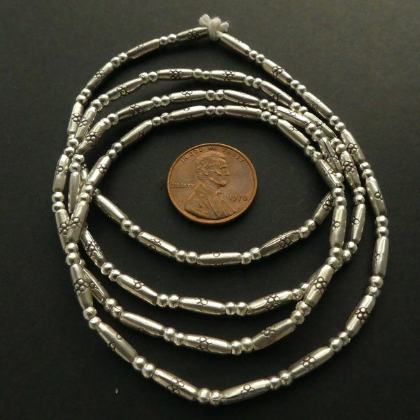 Thai Silver, Stamped Rounded End Tubes with Smaller Beads on 28-inch Strands