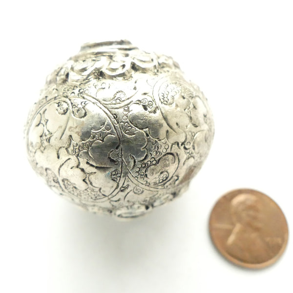 Nepalese Silver, Extra Large Round Bead, 35x37mm with Repousse Floral Decoration