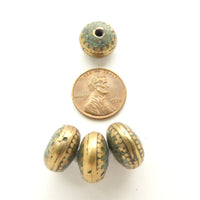 Himalayan Brass Beads with Turquoise Inlay, Rondelles 9x14mm, Sold Individually