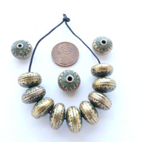 Himalayan Brass Beads with Turquoise Inlay, Rondelles 9x14mm, Sold Individually