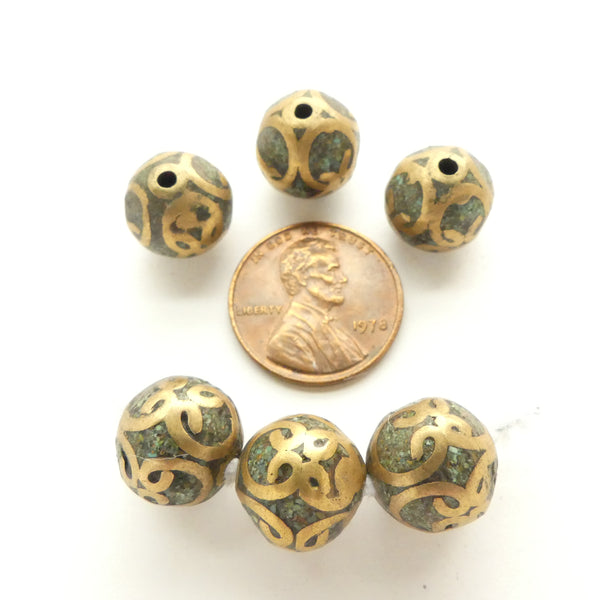 Himalayan Brass Beads with Turquoise Inlay, Round 11mm, Sold Individually