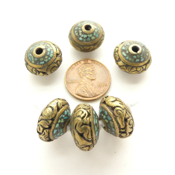 Himalayan Brass Beads with Turquoise Inlay, Rondelles 10x15mm