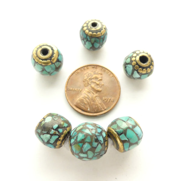 Himalayan Brass Beads with Turquoise Inlay, Rounded 9mm Diameter, Sold Individually