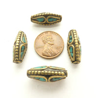 Himalayan Brass Beads with Turquoise Inlay, Bicones 21x8mm, Sold Individually