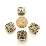 Himalayan Brass Beads, Square 15x15mm with Desings on Both Sides, Sold Individually