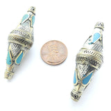 Turkoman, Bicones Granulated with Turquoise Resin Inlay, 50x17mm, Sold Individually