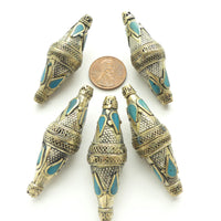 Turkoman, Bicones Granulated with Turquoise Resin Inlay, 50x17mm, Sold Individually