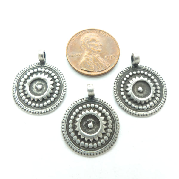 Indian Silver, Vintage Mini Pendant, Round with Sun, 18mm Diameter, Sold Individually