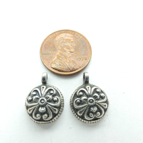 Indian Siver, Vintage Mini Pendant, Floral Designs, 12mm Diameter, Sold Individually