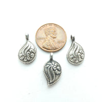 Indian Silver, Vintage Mini Pendants, Mango with Flowers 18mm, Sold as Set of 3