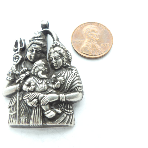 Indian Silver, Vintage Pendant, Shiva, Parvati & Baby Ganesha, 45mm Tall