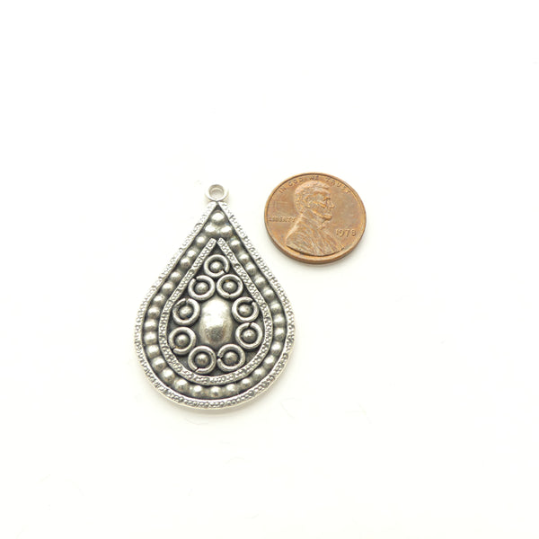 Thai Silver, Stamped and Repousse Pendant, Teardrop Shape, 42mm long