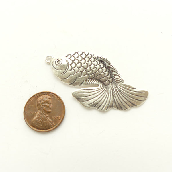 Thai Silver, Stamped & Etched Fish Pendant, 55mm Long