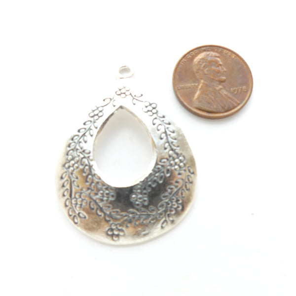 Thai Silver, Stamped Teardrop Open Pendant w/ Floral Design, 40mm Long