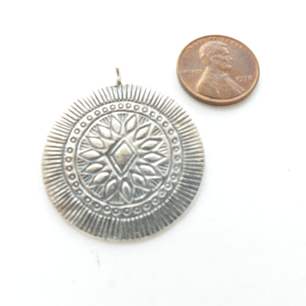 Thai Silver, Stamped Pendant Flat Round with Geometric Designs 33mm Diameter