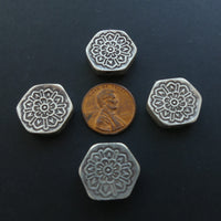 Thai Silver, Stemped Hexagonal Coin with Lotus Design, 17mm Diameter, Sold Individually