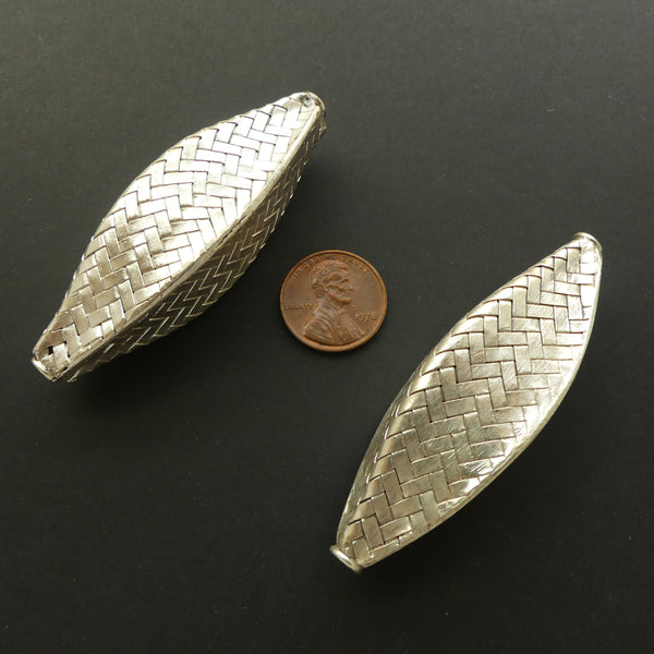 Thai Silver, Basketweave Large, Long 4-Sided with Tapered Ends, 65mm Long by 18mm at Center