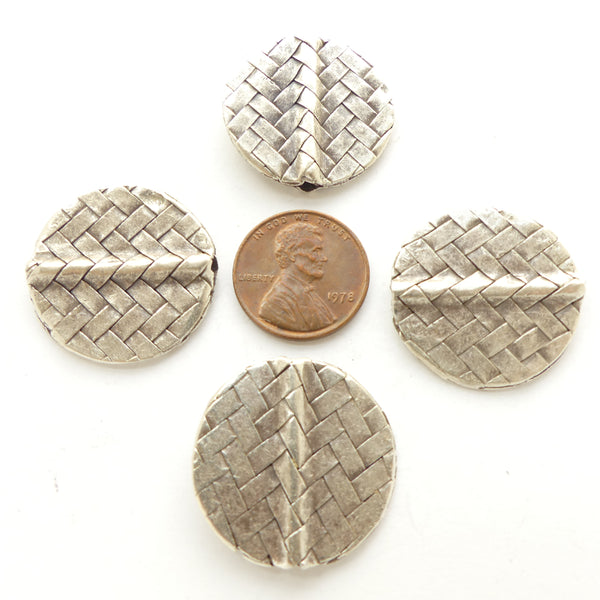 Thai Silver, Basketweave Flat Round Design, 25mm Diameter, Sold Individually