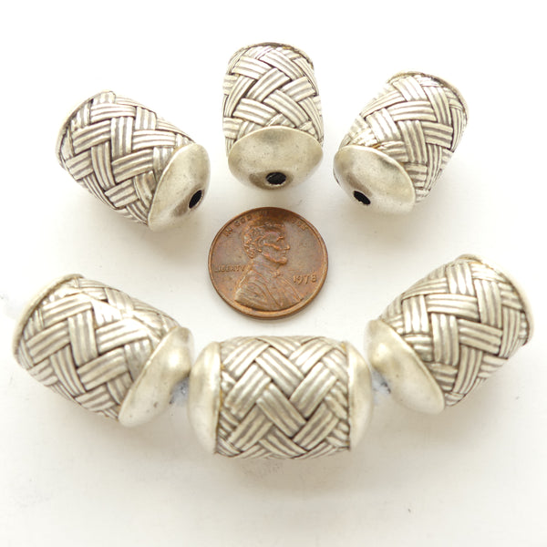 Thai Silver, Basketweave Short Capped Barrels, 25x16mm