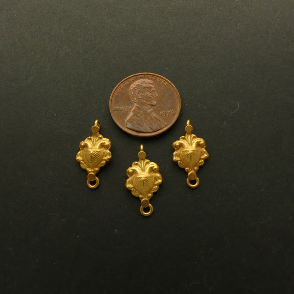 Gold 22k Vintage Indian, Mini Pendants/Links with Floral Crest Design & 2 Loops, Sold Individually