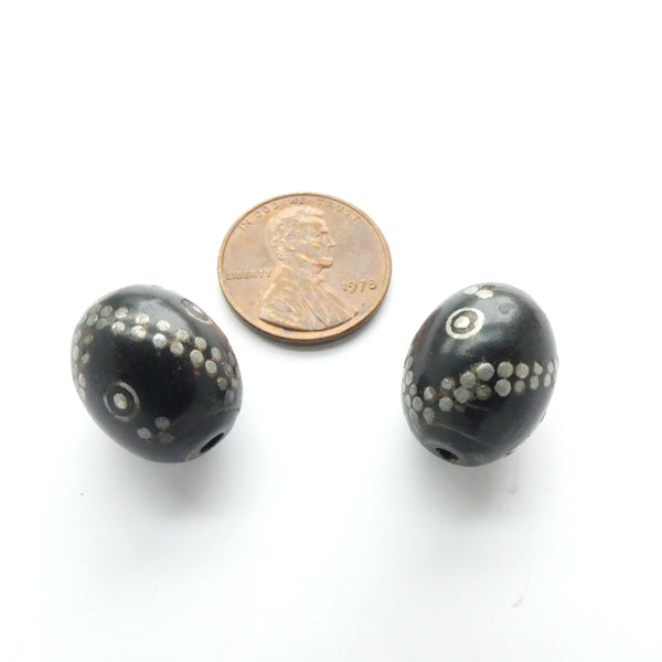 Yemeni, Black Coral and Silver Beads from a Vintage Prayer Strand, Set of 2