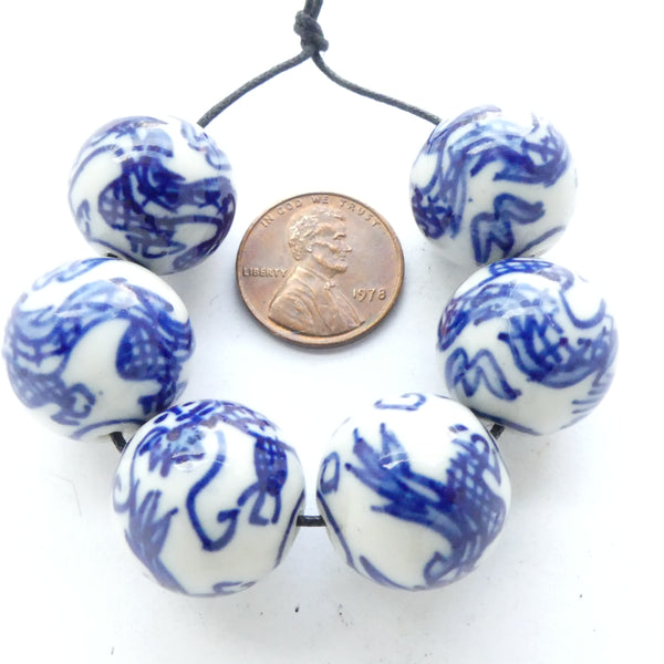 Blue & White Porcelain, Round with Dragon, 18mm Diameter, Set of 6