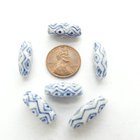 Blue & White Porcelain, 4-Sided Bicone with Geometric Design, 22x7mm, Sets of 6