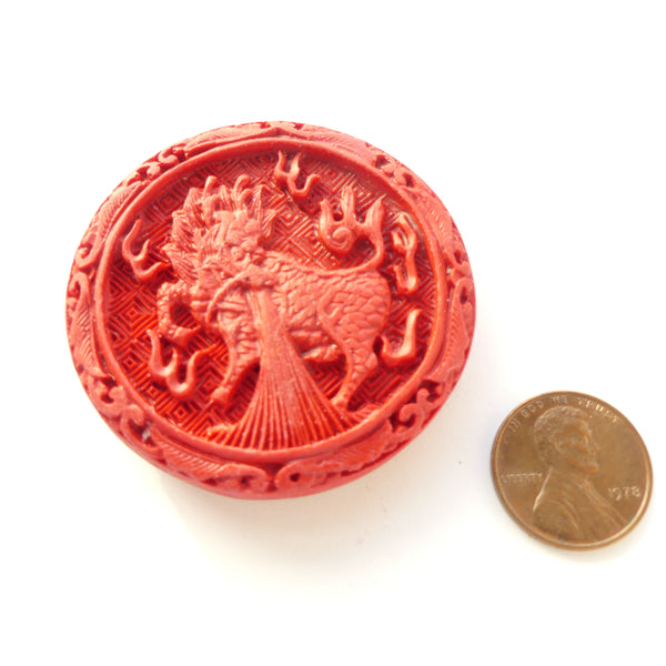 Cinnabar, New, Large Disc with Rampant Dragon Breathing Fire, 49mm Diameter, Sold Individuallyu