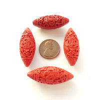 Cinnabar, New, Puffy Pointy Oval Beads with Detailed Designs, 34x14mm, Sets of 4