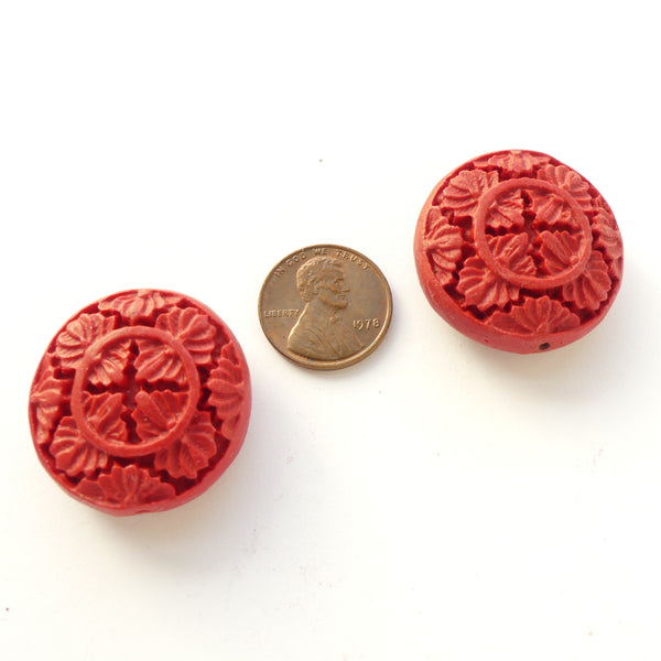 Cinnabar, New, Coin Shape with Detailed Floral Designs, 30mm Diameter, Sold by Pair